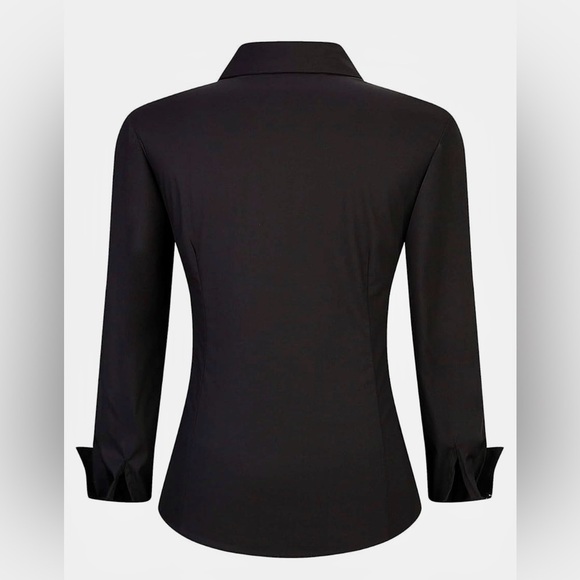 NWT Woman’s Button Down Long Sleeve Stretch Work/Dress Black Shirt White Cuffs - Picture 2 of 4